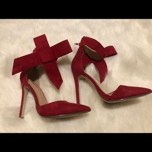Red Bow Ankle Strap Pumps